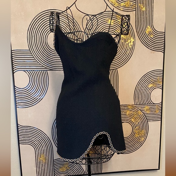 Vintage black tweed dress, vintage style, gold detailing. SHIP FAST!! - Picture 3 of 6